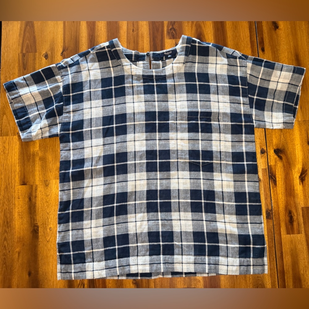 Madewell Navy & Cream Plaid Flannel Checkered Oversized Top 100% Cotton